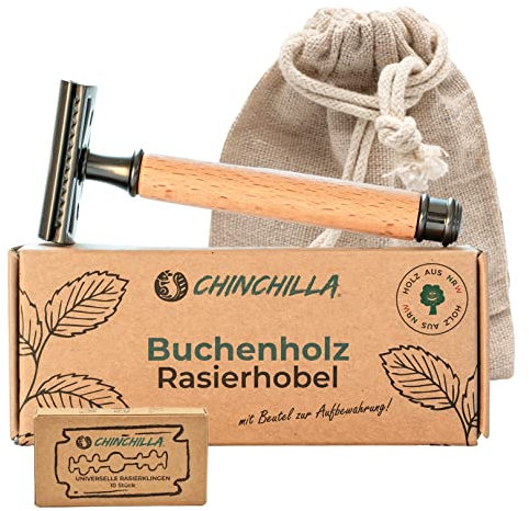 Chinchilla® Rasierhobel Buchenholz Made in Germany | nachhaltiger Nassrasierer für Damen & Herren | inkl. 10 Rasierklingen & Beutel | Zero Waste & plastikfrei