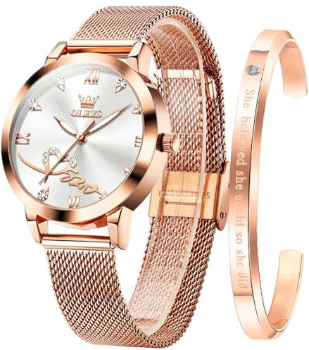 OLEVS Damenuhr Roségold mit Herz Diamant Quarz Armbanduhr Wasserdicht Gürtel Armreif Set