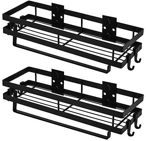 Gewürzregal 2er Set Küchenregal Wand ohne Bohren, 35cm Schwarz, mit 4 Haken | Küchenregal hängend, mit Küchenrollenhalter, wandregal küche, küchen organizer schublade, gewürzregal hängend