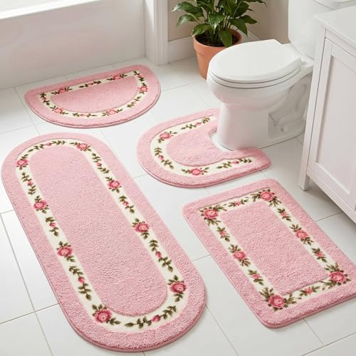 Timgle 4 Pcs Rose Flowers Coquette Bathroom Rugs Set Coquette Doom Decor Rose Flower Area Rugs Non Slip Absorbent Washable Door Mat Floral Bathroom Carpet for Home Hotel, 4 Shapes(Pink)
