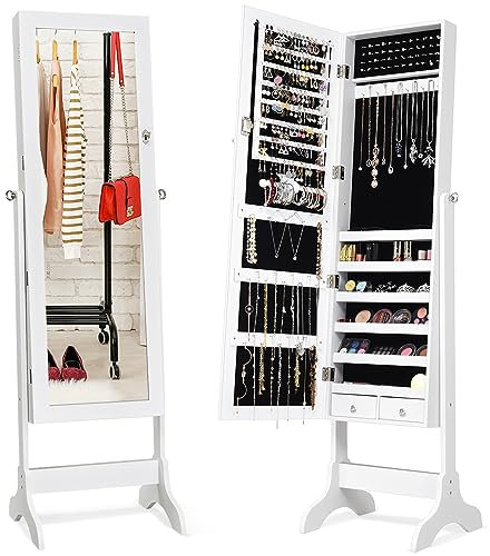COSTWAY Schmuckschrank abschließbar, Schmuck Spiegelschrank mit Spiegel, Schmuckregal für Ringe, Kettenhaken, Ohrringe und Kosmetik, freistehend, weiß