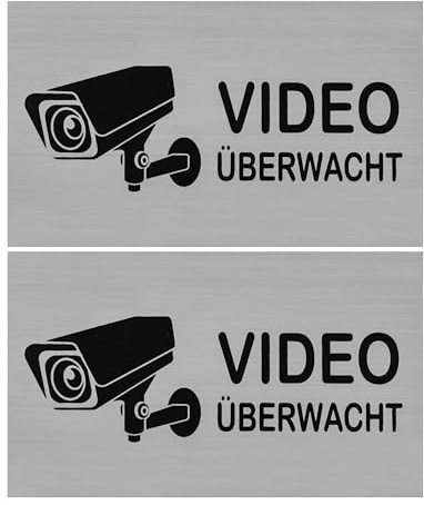 Warnschild Video überwacht, 2 Stück, 10 x 6 cm, gebürstete Aluminium Schilder zum Ankleben, Hinweis Schild für Innen- und Außenbereich, Videoüberwachung Schild Kit, Achtung Kamera Überwachung Set