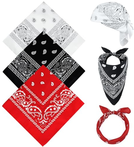 AWUMBUK Bandana Hombre Mujer, 3 Piezas Bandanas Paisley Multifuncional Pañuelo Cuello Para Moteros Negro, Blanco, Rojo (55cm X 55cm)