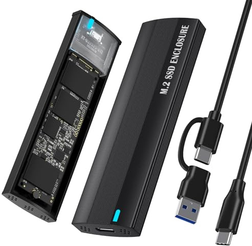 SHUBEIEUMI M.2 NVMe und SATA SSD Gehäuse Adapter, 10Gbps | M.2 SSD zu USB 3.1 mit 2-in-1 Kabel, Unterstützt M-Key/B+M Key für 2230/2242/2260/2280 SSD, Werkzeuglos (Schwarz)