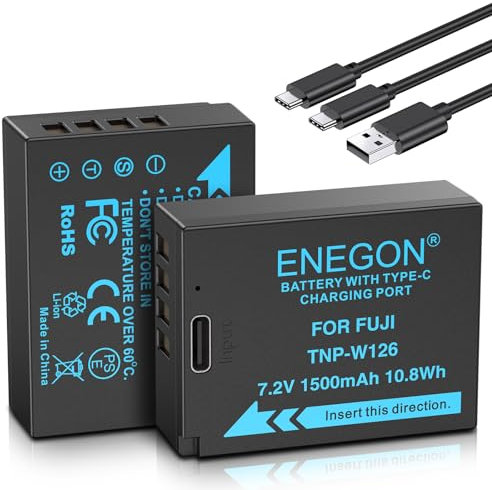 ENEGON NP-W126/W126S USB-C Direktladung Ersatzakkus 1500mAh (2er-Pack) mit 2-in-1 USB-C Ladekabel für Fuji Fujifilm X100V, X100VI, X100F, X-A1, E1, E2, E3, M1, Pro1, T1, T3, HS30EXR, HS35EXR