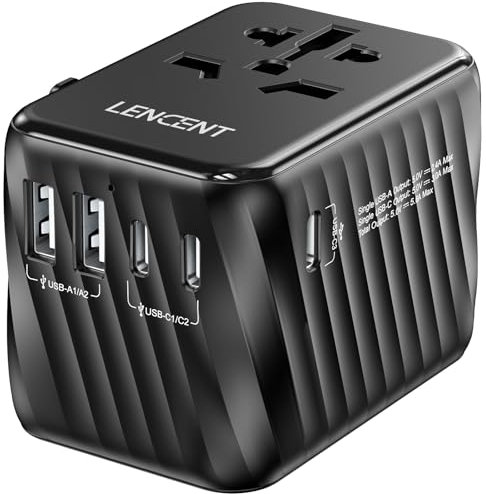 LENCENT Adattatore da Viaggio Internazionale, Adattatore Presa Universale con 5.6A 3 Porte USB C e 2 USB A, Caricatore da Muro per Viaggio In Tutto il Mondo per EU a UK USA AUS (Tipo C/G/A/I)-Nero