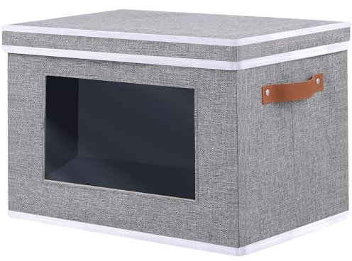 OUTBROS 1 Pezzi Scatole Portaoggetti, Cestini Cartone con Coperchio, Cubi Pieghevole, Organizer Armadio con Finestra Trasparente, Contenitori Salvaspazio, 45x30x30 cm, Grigio