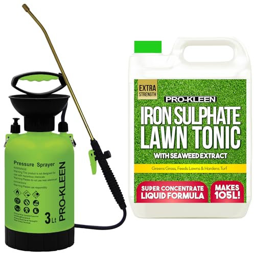 Pro-Kleen Liquid Iron Sulphate Ferrous Conditioner 5L - Fertiliser, Grass Greener & Turf Hardener with 3L Garden Pump Sprayer – Prevents Lawn Disease for Healthier Grass