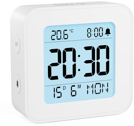 LATEC Wecker Digital, Digitaler Wecker Batterie, Klein Reisewecker Digital Uhr mit Temperaturanzeige, Snooze, 3 Lautstärken und Hintergrundbeleuchtung