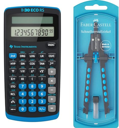 Texas Instruments TI-30 ECO RS Schulrechner, Technisch-Wissenschaftlich (Einzeiliges 10-stelliges Display, Solarbetrieb) Schwarz & Faber-Castell 174340 - Schnellverstell Zirkel, Factory, blau, 1 Stück