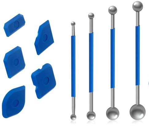 KOMUNJ 9 Piece Tool Scraper Kit Joint Smoother Set, 4 Pieces Silicone Joint Smoother 5 Pieces Steel Ball, Double End Silicone Joint Puller, Sealing Tool Set for Bathroom, Kitchen Tiles