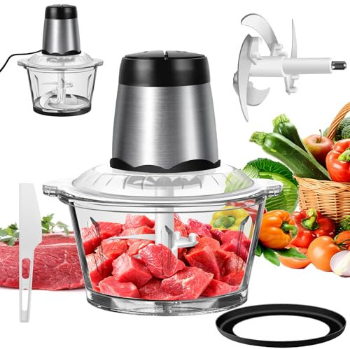 Food Processor Blender Mixer Chopper Meat 2L Glass Bowl Vegetable Grinder for Fruits Nut Meat Vegetable, 2 Speeds Mini Chopper with Multi-Functional 4 bi-Level Sharp Steeliness Steel Blade, 300W