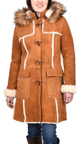 Divergent Retail Damen-Kapuzenmantel aus echtem Schaffell, langer Parka-Stil, Birna, hautfarben, 38