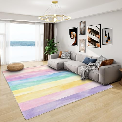 Regenbogen Teppich Kinder - Teppich Wohnzimmer Schlafzimmer Regenbogen Streifen, Großer Teppich Mädchen Regenbogen Farbverlauf, Weich Kurzflor & Waschbar & rutschfest, Kinderteppich, 140x200 cm
