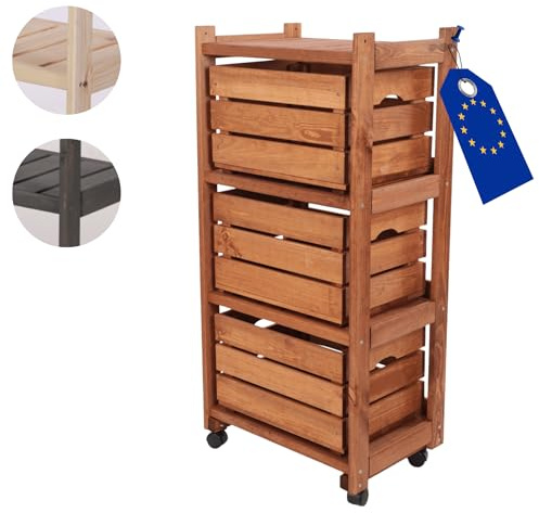 MODO24 Gemüseregal, Kistenregal mit 4 Ebenen, mit 3 Kisten SD3 40x30 cm, Holzregal, Regal für Kisten, Rollenregal, Küchenregal, Regal mit Rollen, Regal für Obst, Abmessungen 102x48x34cm, Farben: Braun