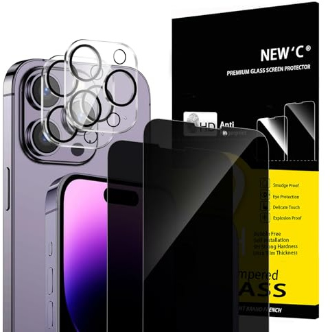 NEW'C 2 x Sichtschutz für iPhone 14 Pro Max für Panzerglas (6,7 Zoll) und 2x Kamera Panzer Schutz Glas Kameraschutz für iPhone 14 Pro Max (6,7 Zoll) -28 Grad verbesserter Sichtwinkel