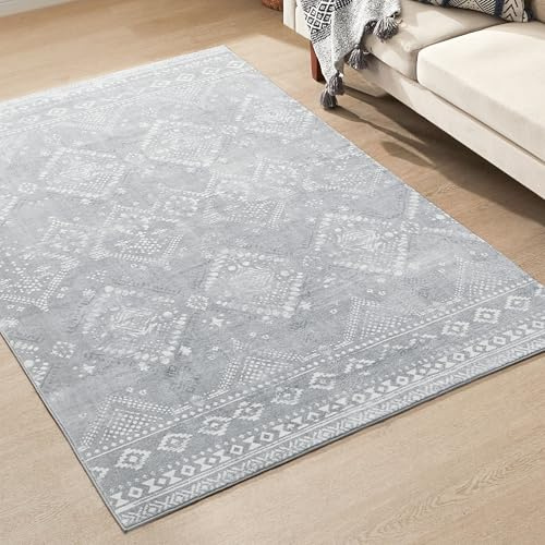 SONGMICS Wohnzimmerteppich Waschbar rutschfest, Boho, 160 x 230 cm | Kurzflor Teppich Faltbar, Dekoration für Schlafzimmer, Taubengrau, Verina Kollektion TAR029G02