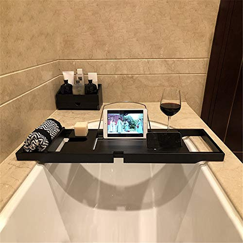 Bamboo Bath Caddy Tray with Wine Glass Holder and Device Tray Fits Tablet Kindle iPad Smartphone Extendable Design for Most Bath Sizes Black