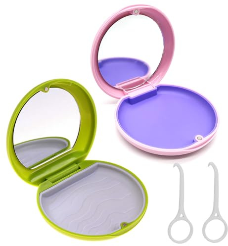Tandapparathållare med spegel, 2 st bärbar tandhållare behållare för ihålig ortodontisk apparat, låda med justeringsverktyg (grön rosa)