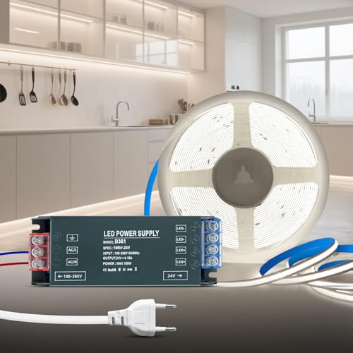 KSIBNW Tira LED COB 24V Autoadhesivo, 5M Luces LED Habitación Blanco Frío 6000K Cortable Flexible 320LEDs/M Tira Luces Ancho 8mm con Transformador 24V y Cable de Alimentación para Cocina, Espejo