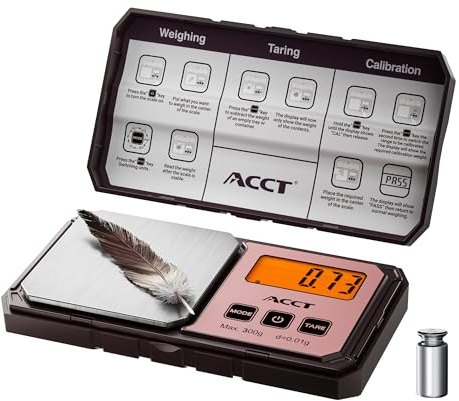 ACCT Báscula digital de bolsillo (300 g x 0,01 g, 0,01 g, báscula de precisión de gramos y onza, portátil, para joyas, monedas/hierbas, 6 unidades, función de tara, báscula de gramo con peso de 50 g)