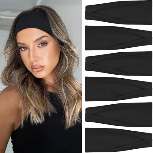 Tumurup Stirnband Damen Sport Haarband Schwarz 95% Baumwolle, 6 Stück – Elastische Schweißband Dünn Haarbänder für Yoga, Fitness, Laufen & Kosmetik – Unisex Headband für Damen & Herren