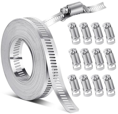 5 Metros Abrazaderas Metalicas para Tubos, 5m×12.5mm Abrazadera Metalica con 12 Abrazaderas de Fijación, Abrazaderas de Manguera de 304 Acero Inoxidable