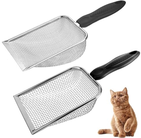 Paletta per Lettiera in Acciaio Inox, 2 Pezzi Setaccio Giardinaggio con Manico, Pala Setaccio 3.8/5mm Doppia Maglia, Multiuso Compost e Lettiera Gatti