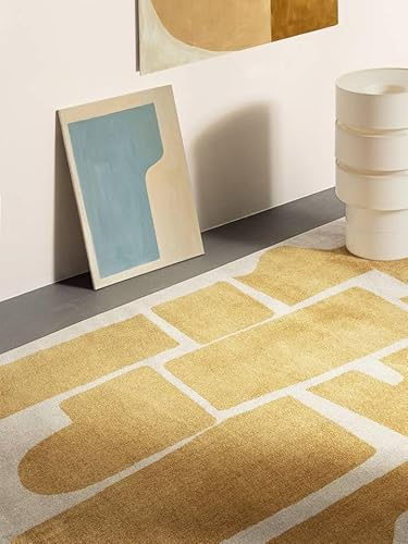 RugVista Contour Teppich, 140 x 200 cm, Gelb/Off Weiß | Moderne, Rechteckig, Mittlerer Stapel, Maschinenwäsche, Oeko-Tex 100, Wohnzimmer, Schlafzimmer