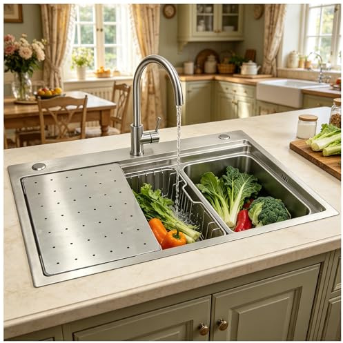 Fregadero Grande de Cocina 80x50cm, Acero Inoxidable 304 Cepillado, 1 Seno, con Tabla Cortar Inox, Escurridor, Rejilla y Kit Desagüe Completo, para Bajoencimera o Sobremesa