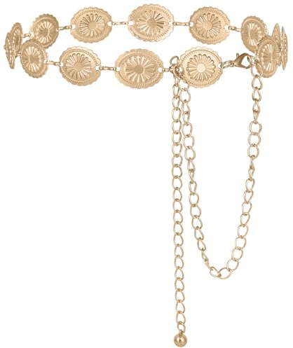Alaoo Western guld metall concho-kedjearmband, guldkedjebälte för kvinnor, västerländsk cowgirl midjekedja justerbar guld metall vintage bälte, boho gyllene midja kedjebälte för kvinnor klänningar