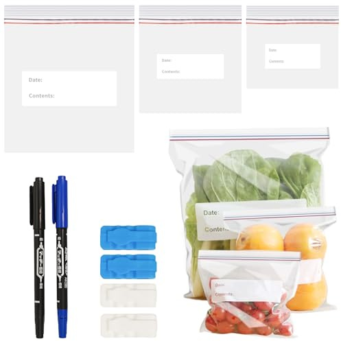 65 Sacchetti Riutilizzabili con Chiusura a Zip, Piccolo/Medio/Grande Per Conservare Alimenti, Sacchetti Congelatore Con pennarello blu/nero e clip di chiusura Per Frutta, Verdura, Carne, Cereali