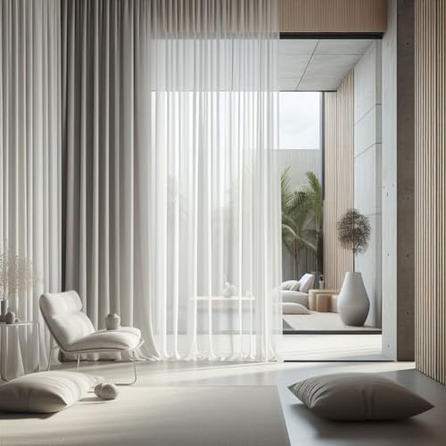 Rideau en voile transparent blanc – ignifuge et translucide – Avec ruban universel et galon fronceur – Lesté par bande de plomb – Facile d'entretien et lavable – Moderne et élégant (250 x 300 cm (H x