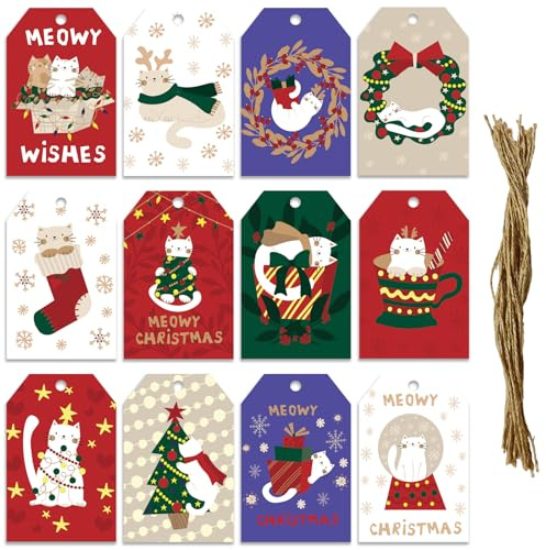 Weihnachts-Geschenkanhänger mit Hanfseil, Weihnachtskatze, 12 Designs, 60 Stück, dekorative Geschenketiketten für Geschenkpapier, Weihnachtsbaum, Neujahrsdekoration