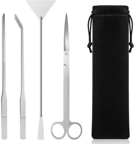 Wozzies 4 in 1 Set di Attrezzi per Acquario, Kit Accessori per Acquari Attrezzi, Acciaio Inox Acquatiche Set di Utensili, con Pinzette Forbici Spatola, Per Landscaping e Piante Acquatiche