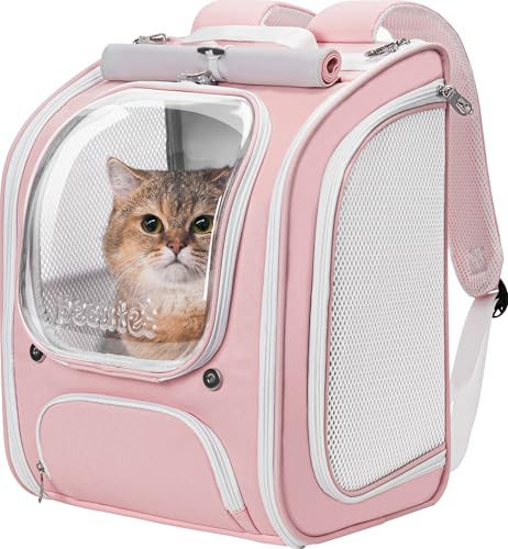 Pecute Cat Backpack Carrier,Large Space Cat Bubble Backpack,Ergonomic,Pink | Sunshade Curtain Backpack for Small Dogs,Safety Rope,Sturdy,Large Mesh for Breathability,Suitable for Outdoor,Vet