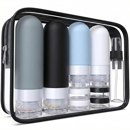 Laxen 16 Pack Travel Bottles for Toiletries, Leakproof Silicone Refillable Set with Clear Toiletry Bag, Cabin Size Carry On Flight Essentials, TSA Approved for Shampoo, Lotion & Cream