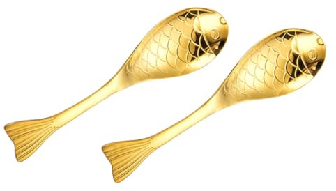 2pcs 304 Stainless Steel Fish Spoon Set for Tea Coffee Stirring | Golden Finish, Smooth Edges, Ergonomic Feel, Polished Detail, Household Tableware for Daily Use