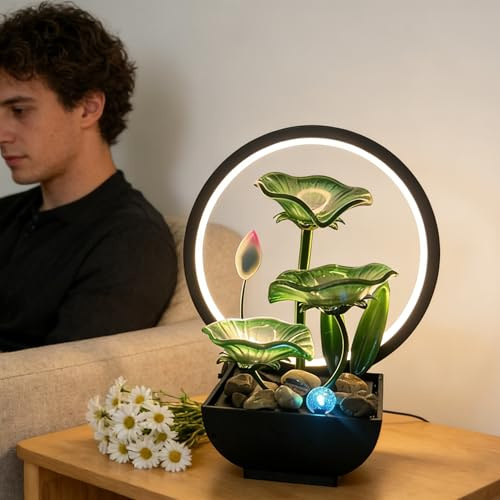 AOZITA Tabletop Water Fountain, Green Glass Zen Fountain,Indoor Water Feature with Lotus Bud, LED Ring Light & Bead for Home Office Bedroom Decor,Relaxing Water Sound,Feng Shui Decor