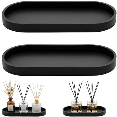 2Pcs Black Silicone Bathroom Tray, 25 x 11 cm Oval Decorative Tray | Non-slip & Easy to Clean Reusable Vanity Tray, Small Storage Tray for Cosmetics Perfume Candle Key Jewelry