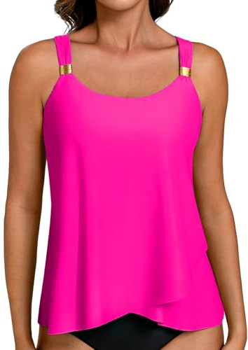 Hanna Nikole Parte superior de tankini para mujer, con tirantes ajustables, parte superior de traje de baño con dobladillo fluido, cuello en U con almohadilla (sin parte inferior)
