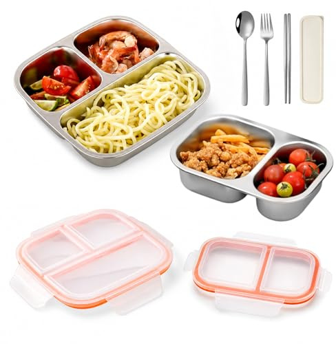 Lot de 2 Boîtes à Goûter avec Compartiments, Compartiments 2 et 3 Sections, Boîtes Bento en Acier Inoxydable avec Couvercles Étanches Transparent, Snack Box pour École, Bureau, Pique-nique, Voyage