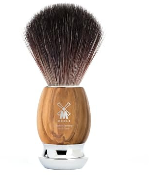 MÜHLE Vivo Rasierpinsel, Griff aus edlem Olivenholz, Manufaktur-Qualität | Rasurpinsel mit Metallakzenten, Nassrasur-Pinsel aus Black Fibre, veganes Synthetikhaar, hochwertig und langlebig