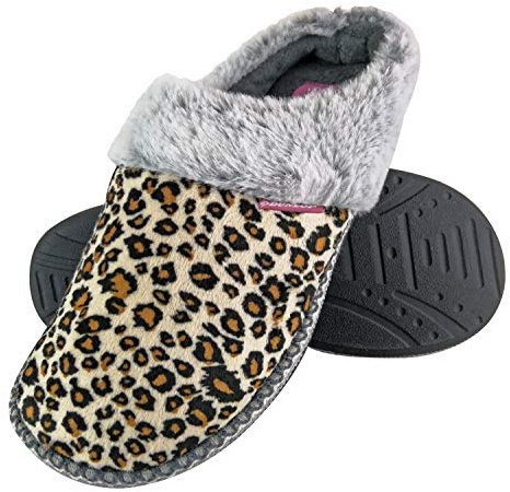DUNLOP - Femme Chaudes Peluche Doux Eponge Memory Foam Mule Chausson Pantoufles (39 EU, Leopard)