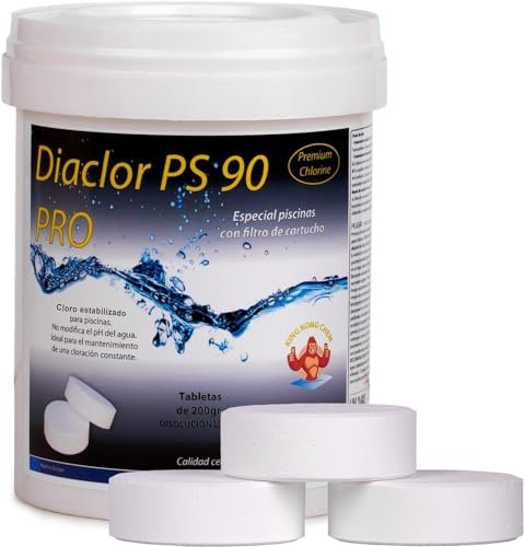 Cloro Especial Liner y Piscinas Filtro Cartucho DIACLOR PS 90 Pro 1 KG - 5 Pastillas de Cloro Lento (200 gr- 7,5 cm Diámetro) - SIN Cobre