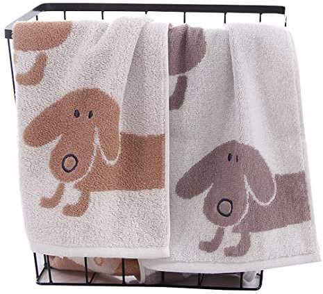 2 Stück reine Baumwolle Handtuch Set, Cartoon Hund Muster Fingerspitze Handtücher Waschlappen Weiche und saugfähige Waschlappen für Badezimmer, Größe 34 x 72,1 cm