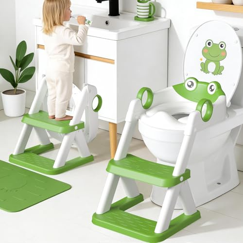 COOSEYA Frog Potty Training Seat, Upgrade 2 in 1 Toddler Toilet Seat,Waterproof Soft Mat Non-Slip Step Stool,Green