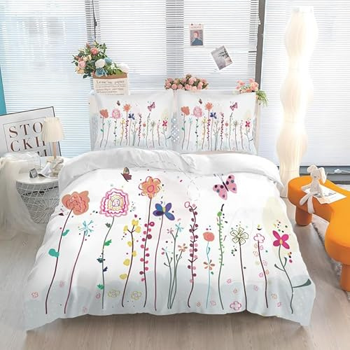 Linfye Housse de Couette 220x240 cm Papillon Fleur Colorée Parure de Lit Adulte avec Fermeture Éclair, Linge de Lit Parure Housse Couette 2 Personnes en Microfibre + 2 Taie d'oreiller 65x65 cm