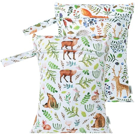 HBselect 2 Stück Nasstasche Wetbag Kindergarten wiederverwendbar Wet Dry Bag Windeltasche Nassbeutel Personalisiert for Baby Grüner Wald