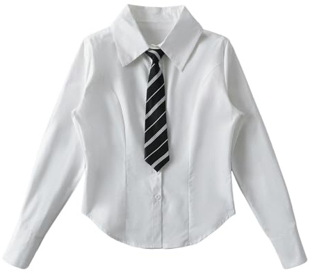 Camicia a Maniche Lunghe con Cravatta Stile College da Donna Top Snellente in Vita all'inizio della Primavera-Bianco-S